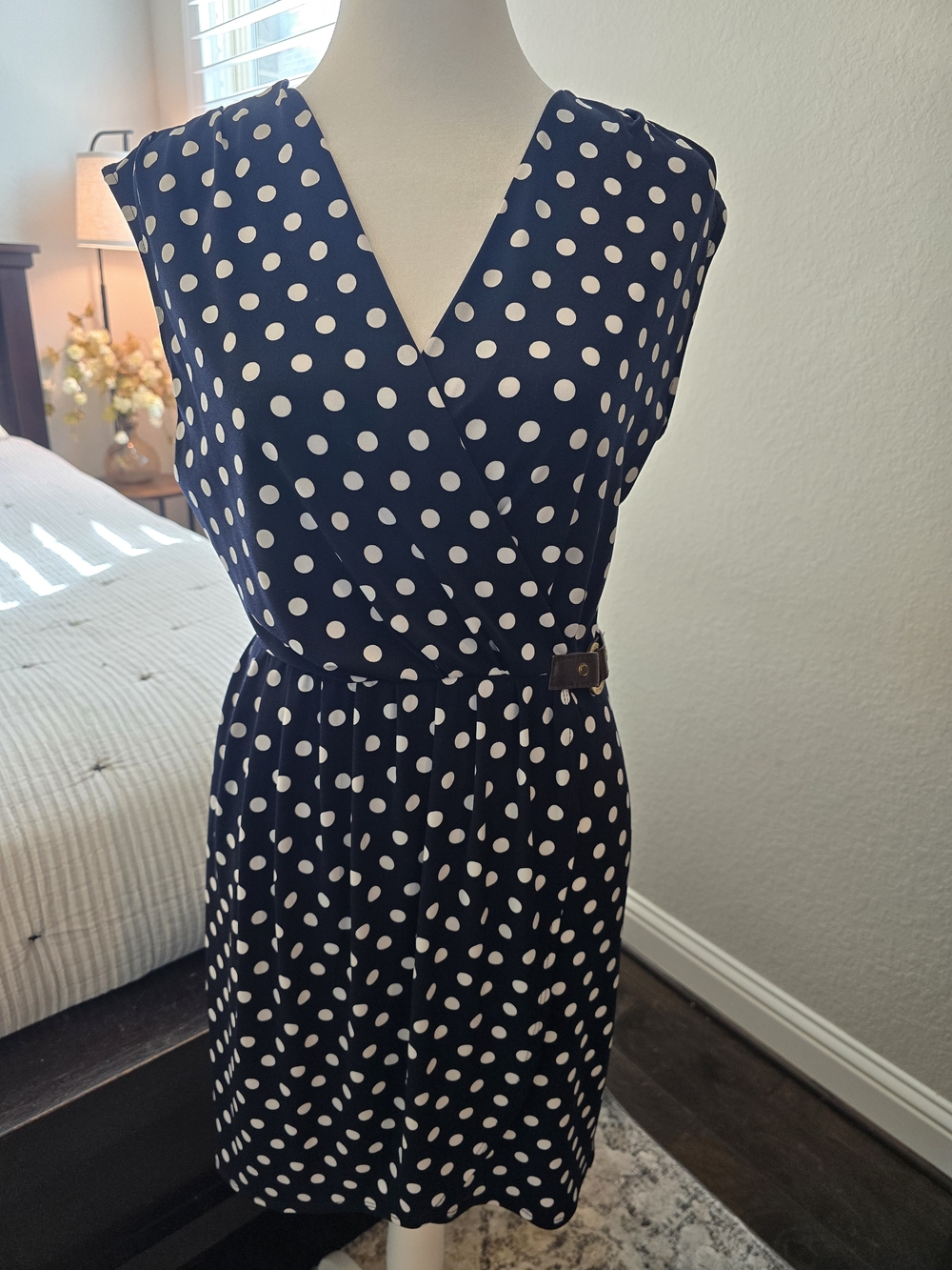 Michael Kors Navy and White Polka Dot Wrap-Style Mini Dress
